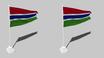 Gambia bandera sin costura serpenteado ondulación con polo base estar y sombra, aislado en alfa canal negro y blanco mate, llanura y bache textura paño variaciones, 3d representación video