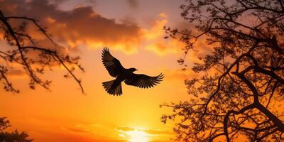 Silhouette of bird flying on sunset orange sky background. photo