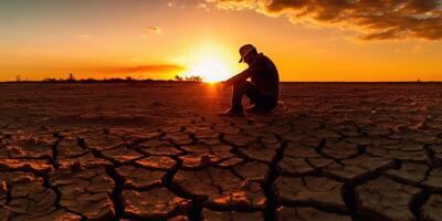 Silhouette Sad Man on Crackle Earth, Climate Change and Global Warming Concept. photo