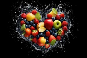 varios Fruta en el corazón forma con chapoteo agua, sano frutas Rico en vitaminas generativo ai foto