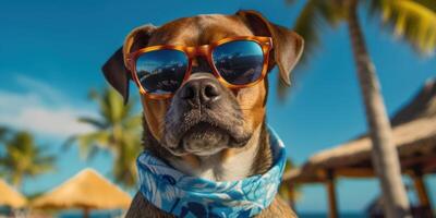 Dog Wearing Summer Shirt with Sunglasses on Tropical Beach. photo