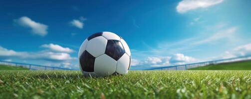 pelota en verde campo fútbol estadio antecedentes. generativo ai foto