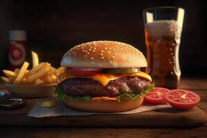 Grilled burger and french fries food , photo