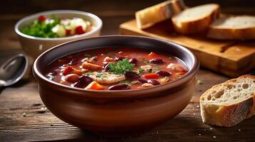 Bean and vegetables soup in ceramic bowl on wooden table. Creative resource, photo