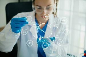 Dctor work on digital tablet healthcare doctor technology tablet using computer  in laboratory study with VR icon photo