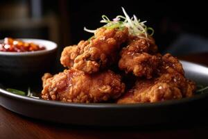 Crispy and spicy Korean fried chicken. photo