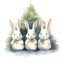 aquarelle mignonne Trois lapins dessous Noël arbre. illustration ai génératif png