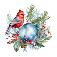 Watercolor Christmas tree toy bird and holly jolly branches. Illustration png