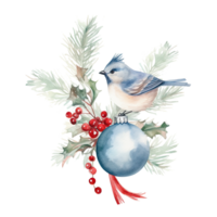 Watercolor Christmas tree toy bird and holly jolly branches. Illustration png