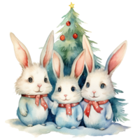 Watercolor cute three bunnies ubder christmas tree. Illustration png