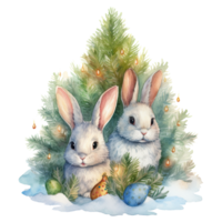 Watercolor cute three bunnies ubder christmas tree. Illustration png