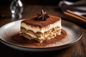 Close up tasty food photography of Italian tiramisu. photo