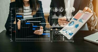 Business team hand Project manager working and update tasks and Gantt chart scheduling virtual diagram.with smart phone, tablet and laptop photo