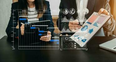 negocio equipo mano proyecto gerente trabajando y actualizar Tareas y Gantt gráfico Planificación virtual diagrama.con inteligente teléfono, tableta y ordenador portátil foto