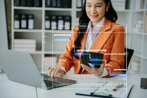 Project manager working and update tasks with milestones progress planning and Gantt chart scheduling diagram.business tram working at office photo