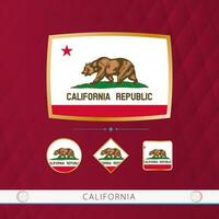 Set of California flags with gold frame for use at sporting events on a burgundy abstract background. vector