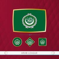 Set of Arab League flags with gold frame for use at sporting events on a burgundy abstract background. vector