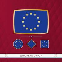 Set of European Union flags with gold frame for use at sporting events on a burgundy abstract background. vector