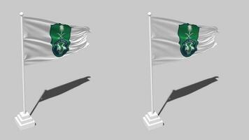 al ahli saudita futebol clube bandeira desatado em loop acenando com pólo base ficar em pé, isolado em alfa canal Preto e branco fosco, avião e colisão textura pano, 3d render video