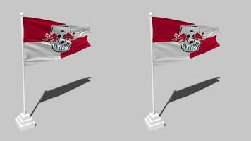 rasenballsport Leipzig mi v, rb Leipzig bandera sin costura serpenteado ondulación con polo base pararse, aislado en alfa canal negro y blanco mate, llanura y bache textura paño, 3d hacer video