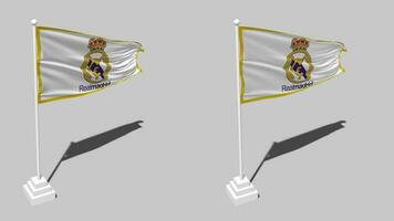 real Madrid club Delaware fútbol, real Madrid cf bandera sin costura serpenteado ondulación con polo base pararse, aislado en alfa canal negro y blanco mate, llanura y bache textura paño, 3d hacer video