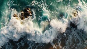 Airborne see to smoldering waves with froth. Creative resource, photo