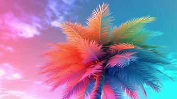 Padded palm tree on sky foundation conditioned in energized sprinkled rainbow neon pastel colors. Creative resource, photo