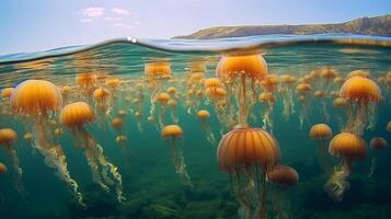 Particular little jellyfish Aurelia aurita in Devastating ocean. Crimea. Creative resource, photo