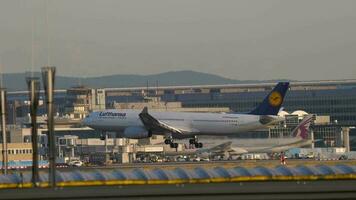 FRANKFURT AM MAIN, GERMANY JULY 21, 2017 - Lufthansa Airbus A330 D AIKR approaching at early morning, runway 25C. Fraport, Frankfurt, Germany video