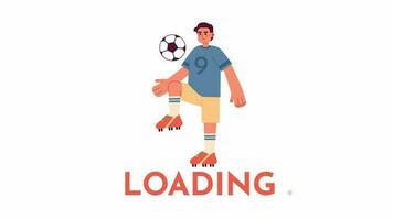 Animated male footballer loader. Young sportsman kicking soccer ball with knee. Flash message 4K video footage. Isolated color loading animation with alpha channel transparency for UI, UX web design