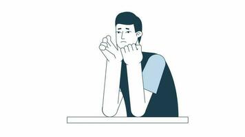 Animated young sad man at desk. Student struggling with homework isolated 2D animation. Cartoon colour flat line character 4K video footage, white background, alpha channel transparency for web design