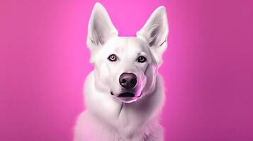 Representation of purebred pooch, White Shepherd limited over studio foundation in neon slant pink light channel. Creative resource, photo