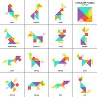 Tangram puzzle game for kids. Vector colorful collection with various isolated farm and wild animals. isolated Tangram animals icons on white backdrop. Vector illustration