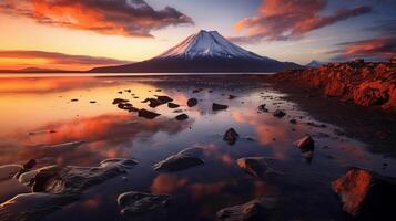 desorientador atardecer, montaña y lago. creativo recurso, ai generado foto