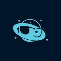 Planet Fish Logo orbital lines and stars, flat design logo template, vector illustration