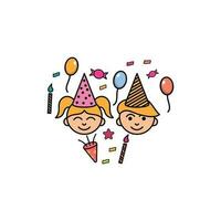 party kid Birthday icon logo design template, party blowouts, party hats, gift boxes and bows, garlands and balloons and firework, candles on birthday pie. vector