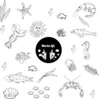 Sea life creatures collection. Vector ocean creatures isolated on white background. Coloring book page, stickers. Art element for design.