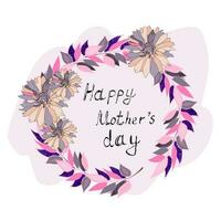 Congratulations on mother's day in a floral wreath on a pink background. Lettering in a round frame of petals. vector