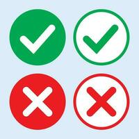 Green tick and red cross checkmarks in circle flat icons. Yes or no line symbol, approved or rejected icon for user interface. vector