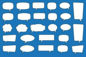 Set of speech bubbles. Speak bubble text, cartoon chatting box, message box. Blank empty vector white speech bubbles on blue background. Cartoon balloon word design.