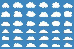 Cloud icons set on blue background. Flat cloudy vector collection. White clouds group. Design element for flat illustration.