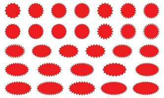 Starburst rojo pegatina conjunto - colección de especial oferta rebaja redondo y oval rayos de sol etiquetas y botones aislado en blanco antecedentes. pegatinas y insignias con estrella bordes para promoción publicidad. vector