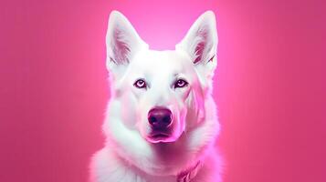 Representation of purebred pooch, White Shepherd obliged over studio establishment in neon incline pink light channel. Creative resource, photo