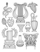 Ancient Greece Coloring page. Hand illustrations, plaster antique statues, Corinthian column, pillar. Drawings for poster. Beautiful drawing with patterns and small details. Coloring book picture vector