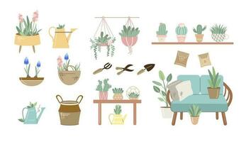 Balcony gardening tool set. Vector illustration of garden elements. Spade, pitchfork, plants, watering can, grass, rattan sofa, hyacinth, lavender. Flat style.