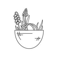 Hyacinth and lavender flowers in canvas bag. Outline vector icon isolated on white background. Illustration of garden elements.