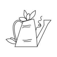 Plants  inside the watering can. Vector outline  illustration. Cute drawing. Gardening element.