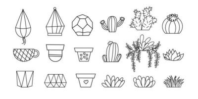 Vector set of cozy cute cacti, succulent plants and flower pots. Inspiration quotes. Home gardening. House plants. Botany decoration in outline style.