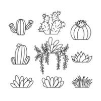 Vector set of cozy cute cacti and succulents. Inspiration quotes. Home gardening. House plants. Botany decoration in outline style.