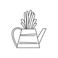 Plants  inside the watering can. Vector outline  illustration. Cute drawing. Gardening element.